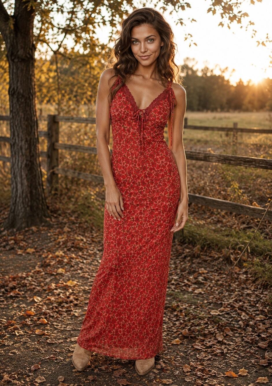 Wild Fable Red Floral Lace Trim Maxi Dress XS NWT Tie Front Slit Romantic